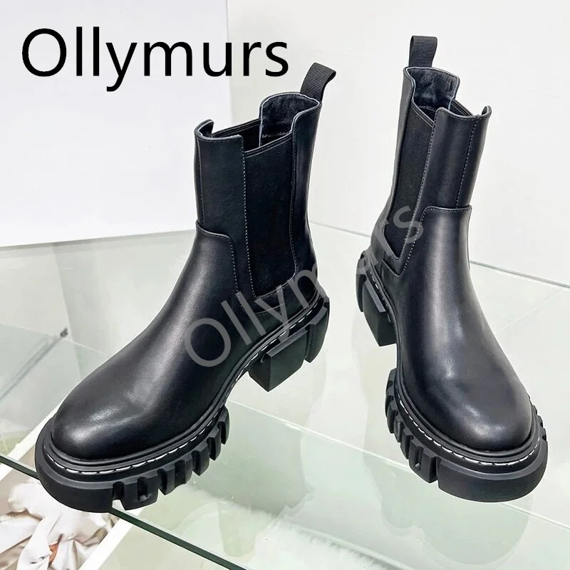 

Shoes For Women Genuine Leather Round Toe Platform Boots Slip On Knitted Sock Boots Brand Desgigner