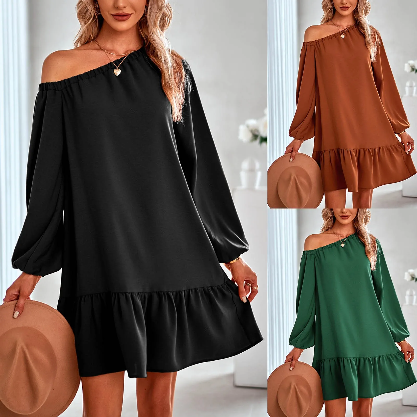 

Женское повседневное однотонное платье с длинным рукавом и открытыми плечами