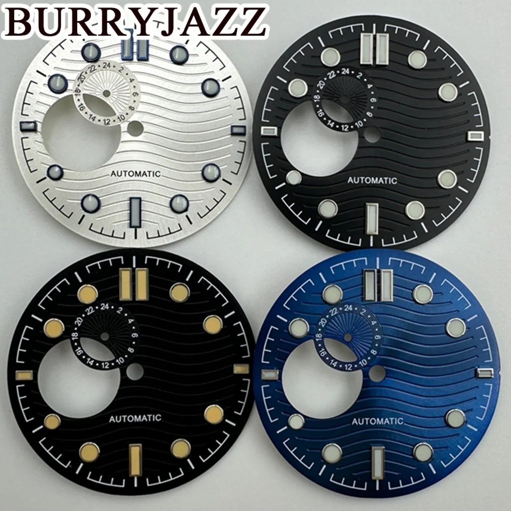 

BURRYJAZZ 31mm Silver Black Blue Sterile Dial Green Luminous Dial NH39 Movement Fit 3 O'clock Case Crown