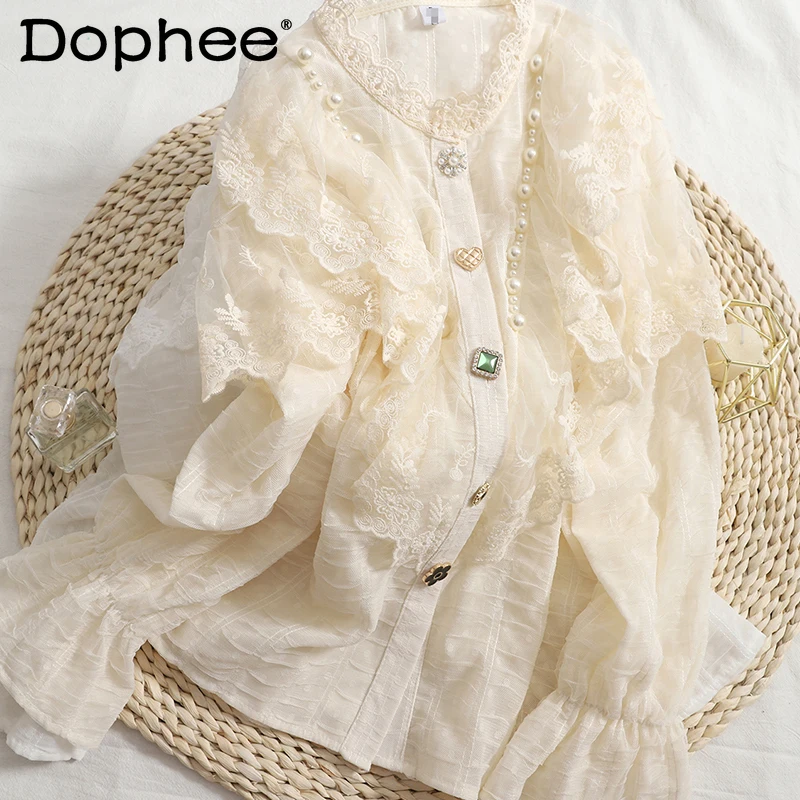 

Sweet Lace Ruffled Beaded Shirt Women Temperament All-match Button Shirt Top 2021 Spring New Loose Slimming Mesh Blouse Fashion
