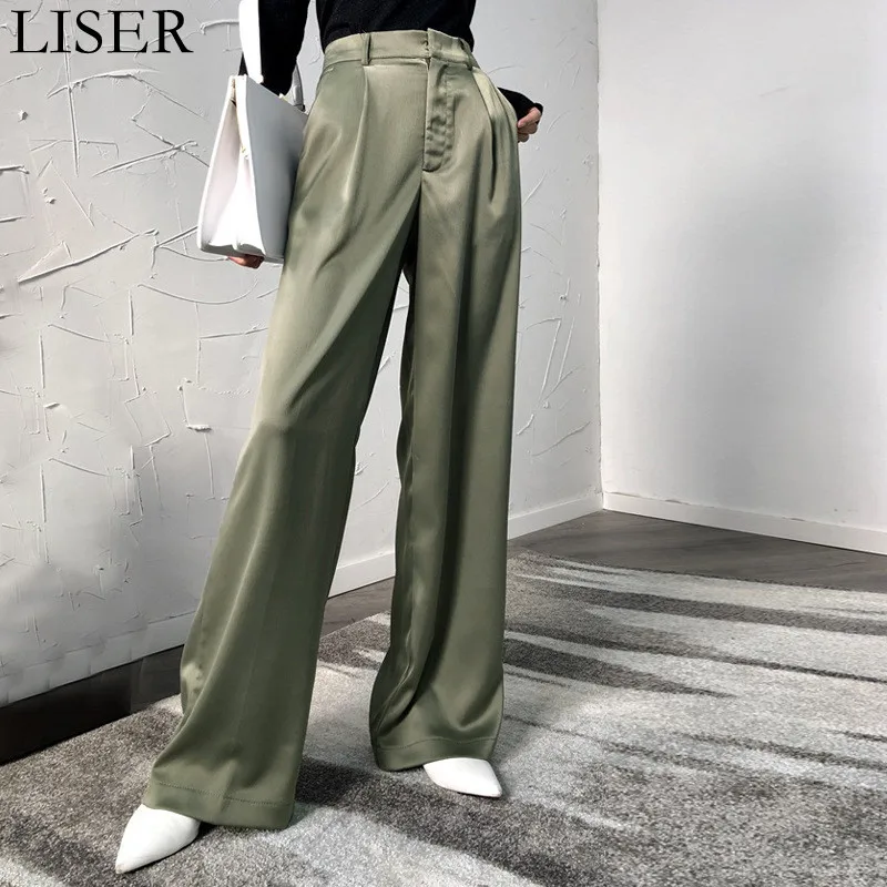 

2022 Spring New Satin Solid Color Women'S Casual Pants Fashion All-Match High Waist Loose Long Wide Leg Pants Women LL999
