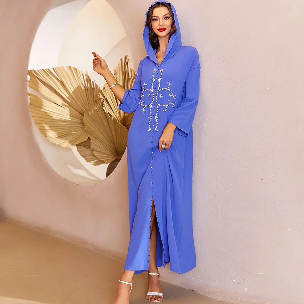 

Abayas For Women New Blue Diamonds Hooded Moroccan Style Dress Middle East Women's Dress Robe Femme Musulmane