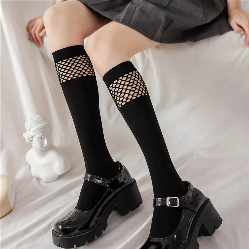 

Fashion Women Sexy Knee High Socks Mesh Stockings Fishnet Cute College Style JK Girls Lolita Student Black Gothic Long Socks