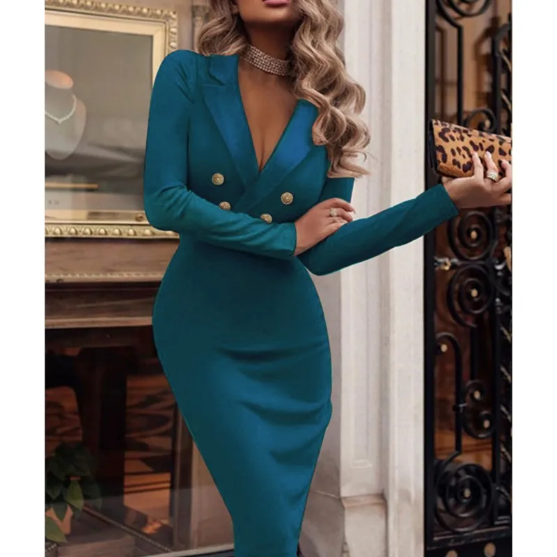 

Женское платье с V-образным вырезом, однотонное элегантное модное удобное двубортное платье, Осень-зима 2023