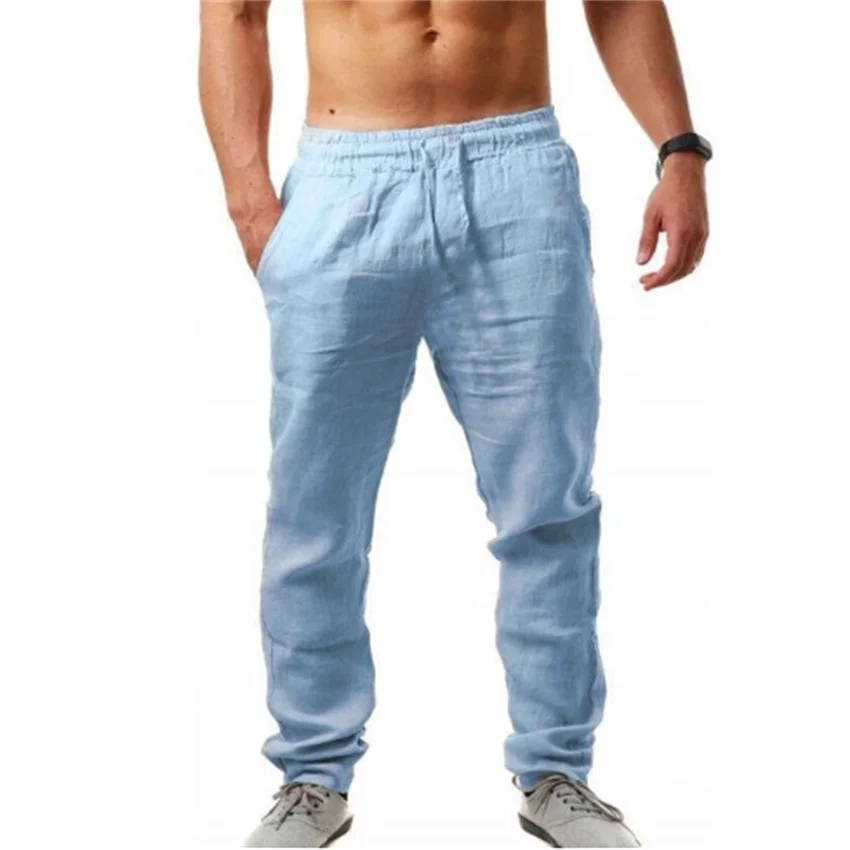 

Men's hip hop breathable cotton hemp sports pants trend fashion solid color simple thin casual pants
