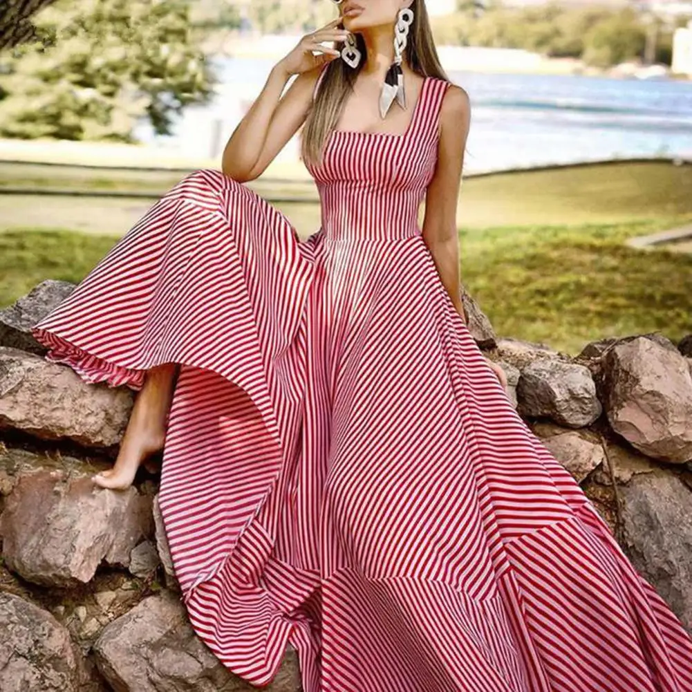 

Women Dress Sleeveless Loose-fitting Solid Color Non-Fading Waist Tight Dress-up Cotton Blend Stripe Printing Beach Dress Women