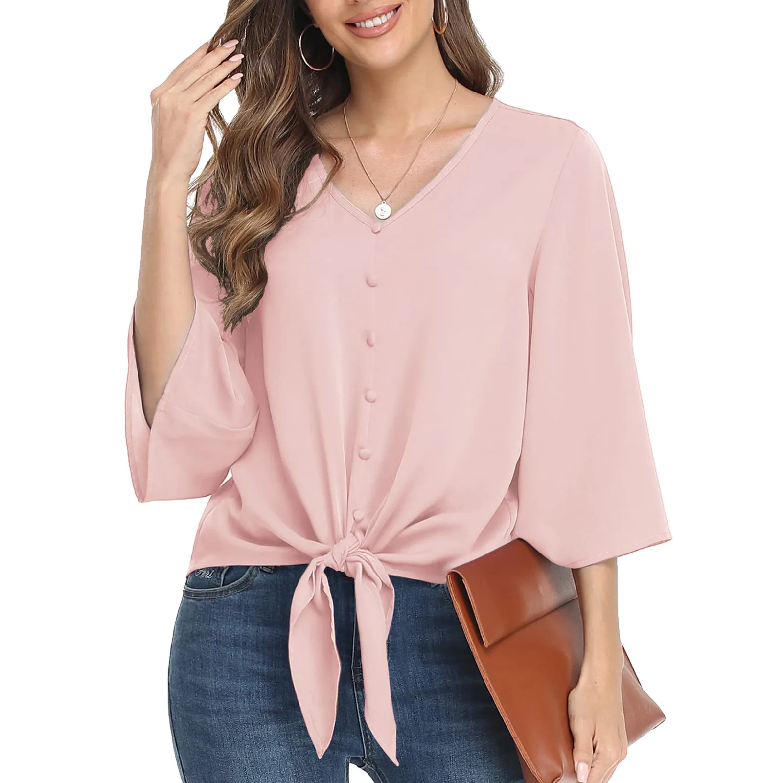 

2022 Fashion Summer Blouse Women Solid Color V Neck Long Sleeve Flared Sleeve Bow Tie Casual Shirt Loose Chiffon Tops Female