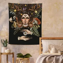 Tapiz de bruja mágica negra para colgar en la pared, suministros de decoración para el hogar, raíz de Mandrake, manos, seta, brujería (3)
