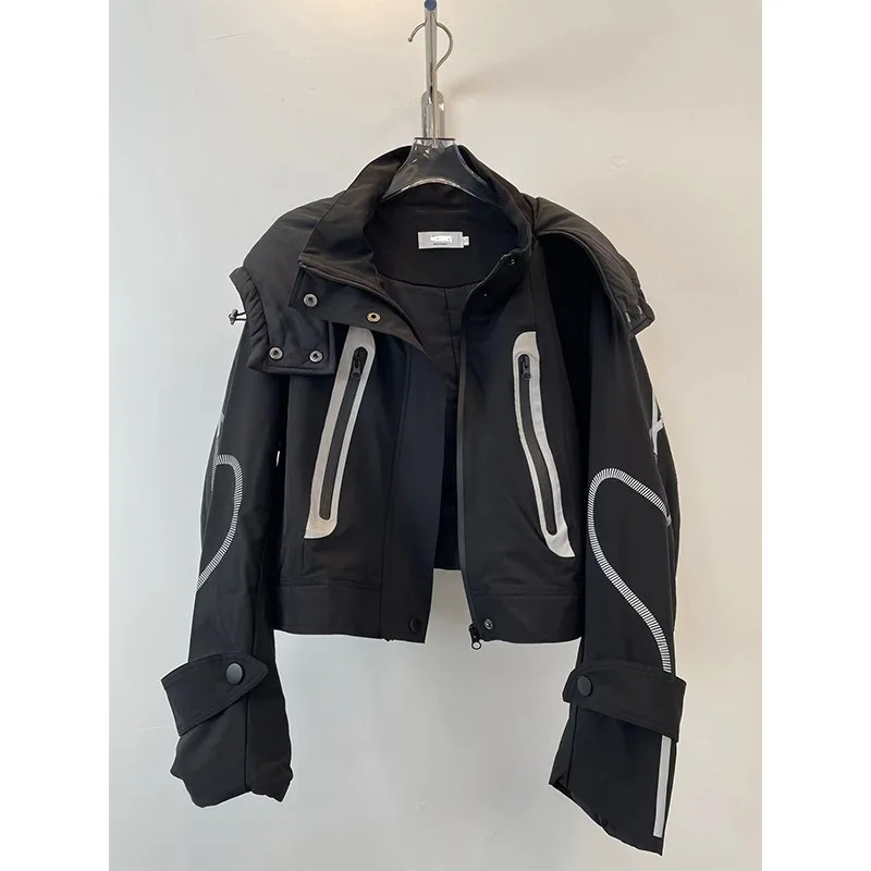 

Reflective Strpe Jacket Hip Hop Streetwear Casual Short Hooded Coat Zippers Autumn Women Windproof Jackets Coats Girls Hot Sale