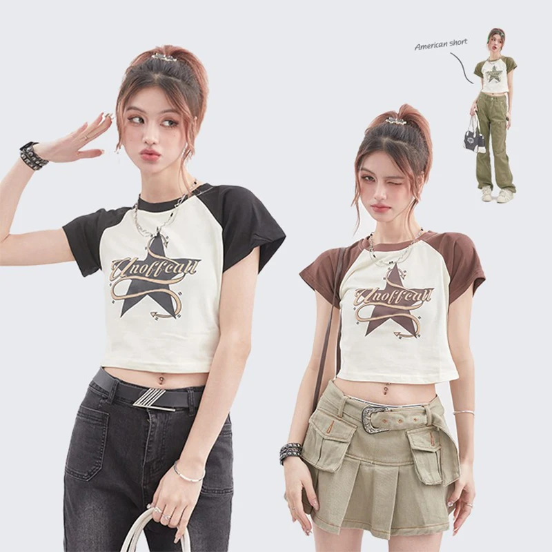 

YUQI Retro Star Print Y2k Punk T Shirt Women Sexy Slim Crop Tops Contrast Short Sleeve O-neck Grunge Tee Top Streetwear American