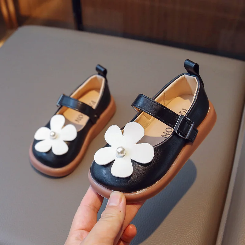 

Children Fashion Girl Leather Shoes Breatheable Princess Black Flower Mary Jane 2023 New Soft Shallow Kid Shoes for Party Causal