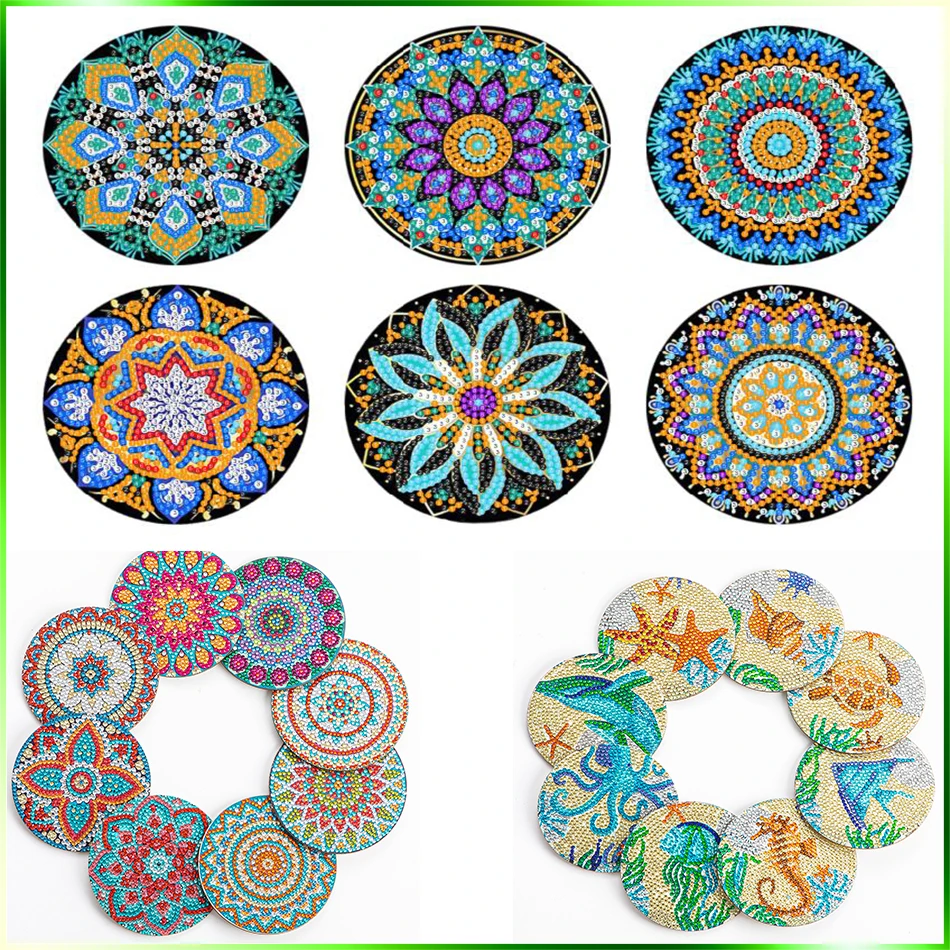 

CHENISTORY 6/8Pcs Mandala Diamond Painting Coaster With Rack DIY Diamond Mosaic Drink Cup Cushion Table Placemat Crafts Kits