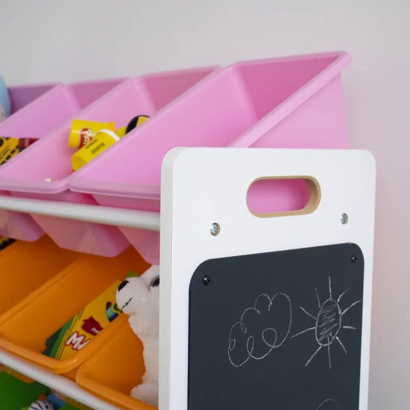 

Lovely Toy Storage Organizer with Chalkboard and 16 Multi-Colored Bins for Kids' Bedrooms, Playrooms, or Classrooms.