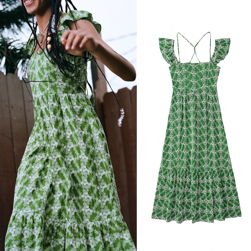 

2022 летнее женское модное зеленое платье с вышивкой без рукавов женское элегантное платье миди Vestidos HH6756