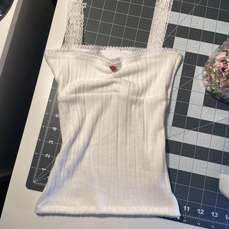 

French Style Retro Camis Tank Tops Sweet Girl Fairycore Y2K Cute Lace Trim Crop Tops 90s Vintage Chic Women White Vest Clothes