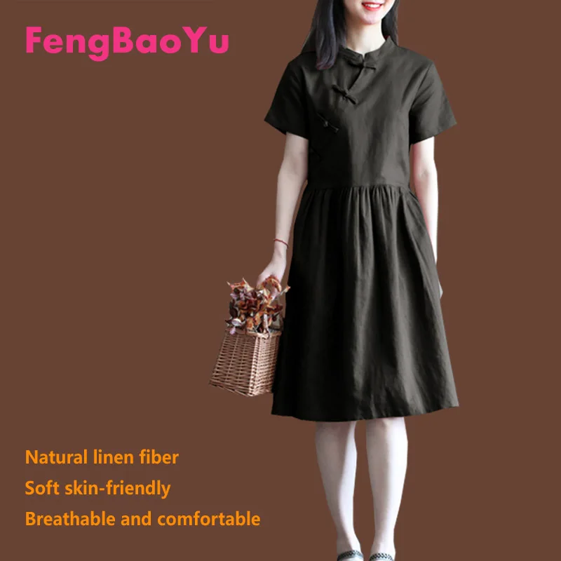 Fengbaoyu Flax Summer Women's Short-sleeved Vertical Collar Dress Retro Literature Art Chinese Style Skirt Tea Ceremony Leisure