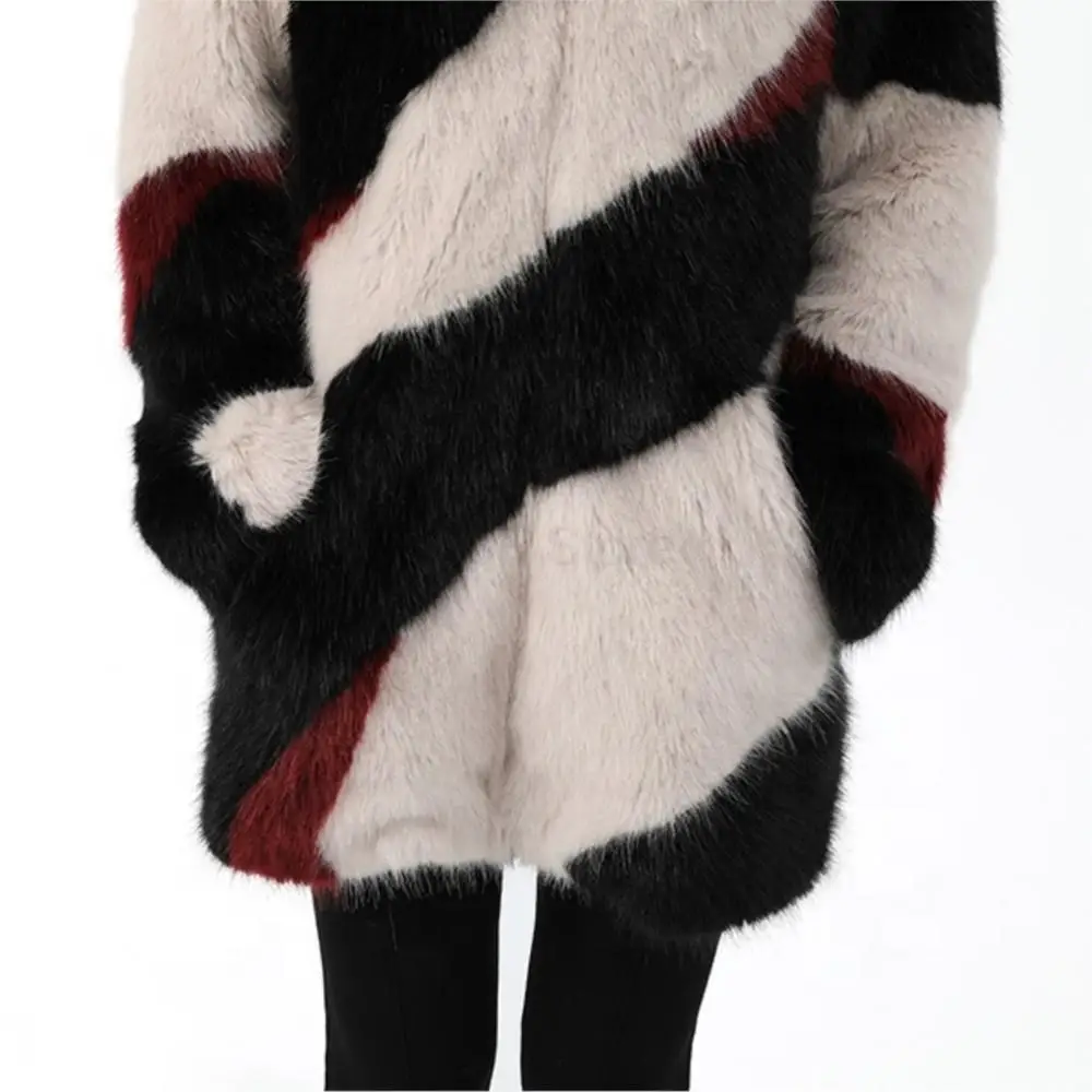 Winter Fashion Loose Warm Thick Real Fur Women Jacket Long Zipper Lapel Real Fur Mink Coat Leisure Elegant Striped Windbreaker