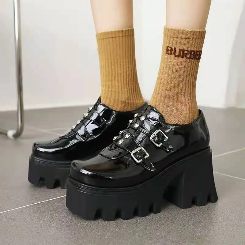 

Leather Studded High Platform Women Shoes Square Toe Chunky Gothic Heels Plus Size 43 Shoes for WomenPunk Retro Mary Jane Shoes