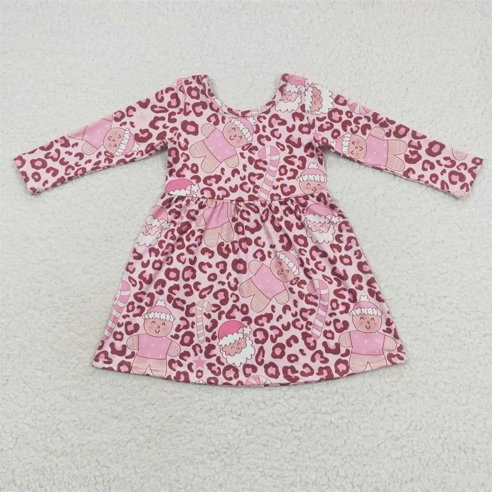 Wholesale Infant Toddler Long Sleeves Christmas Santa Gingerbread Dress Kids One Piece Children Baby Girl Pink Leopard Clothing