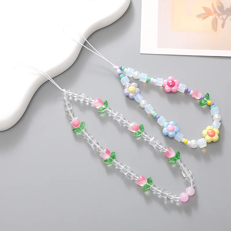 

Simple Tulip Flower Beaded Phone Chain Lanyard New Jewelry for Women Party Gift Crystal Devil's Eye Charm Cell Phone Case Cord