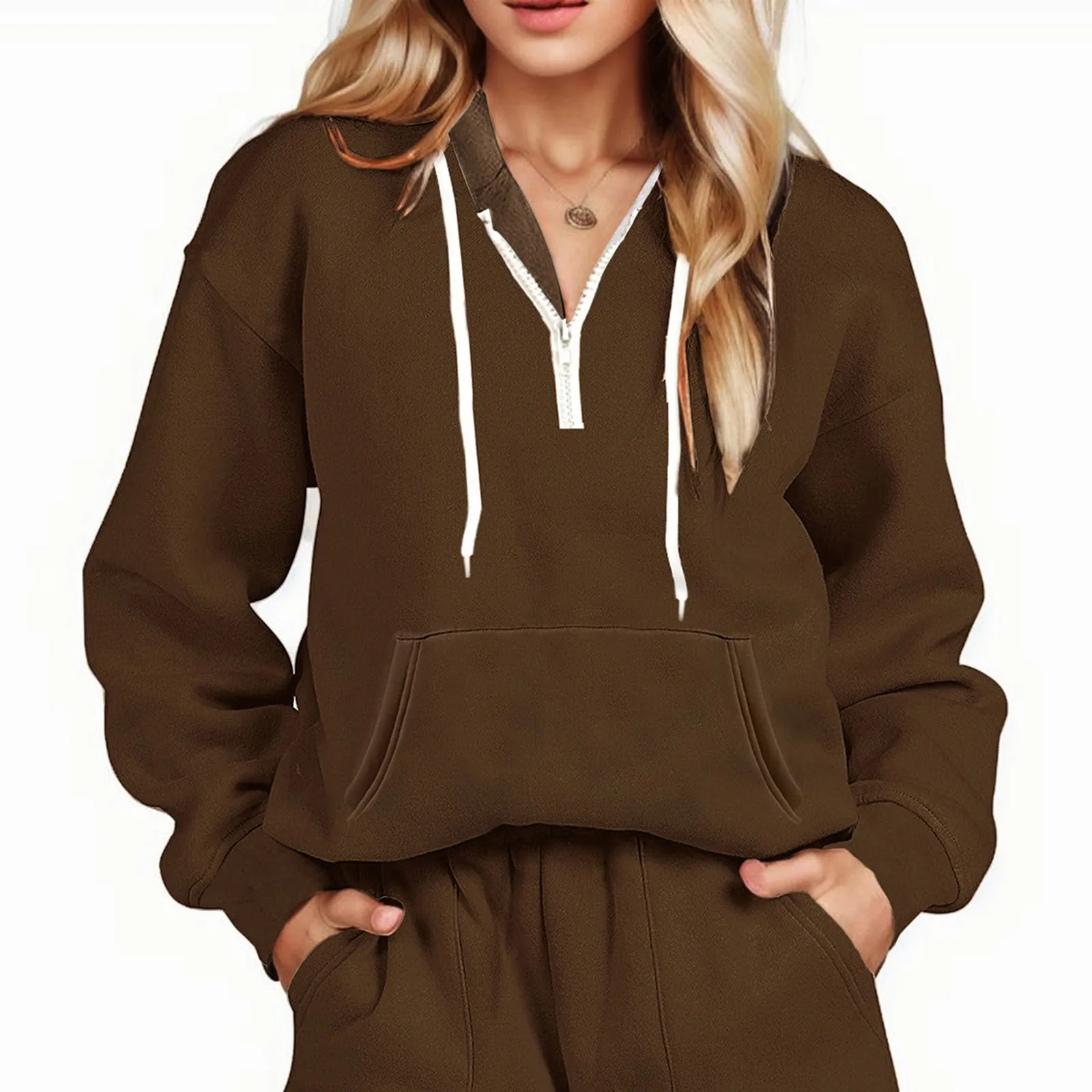 

Ladies Half Zip Hooded Sweatshirts Autumn Casual Long Sleeve Warm Hoodies Daily Draw String Slim Fit Streetwear 2023