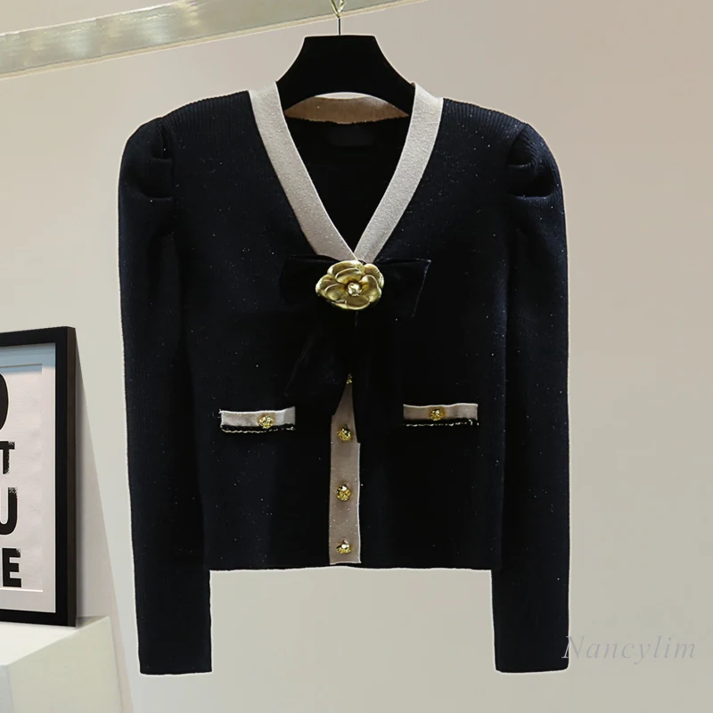 Вязаные кардиганы с длинными рукавами и бантом в тон женские весенне-зимние