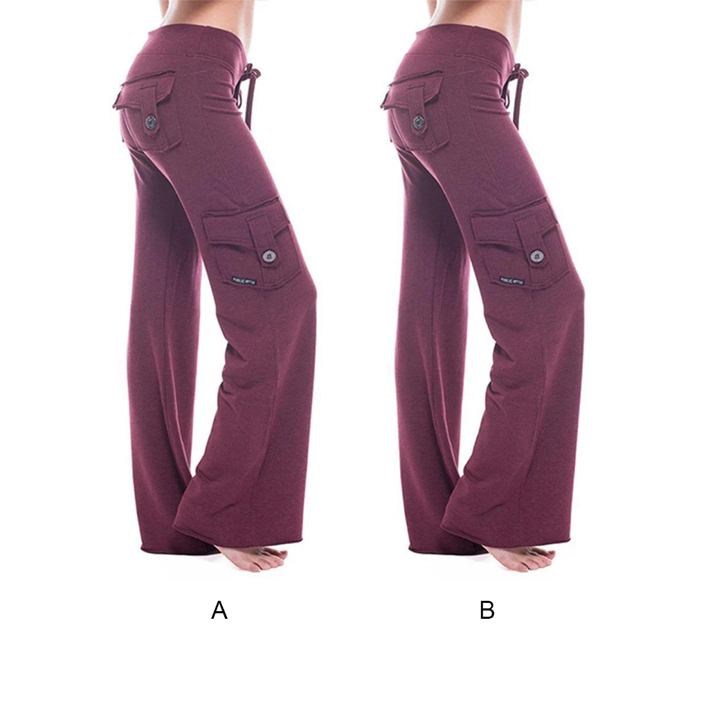 

Women Yoga Pants Pockets Drawstring Trousers Sports Elastic Female Polyester Pant Solid Color Casual Full Length M