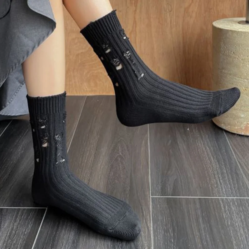 10 Pairs Fashion Break Hole Knitting Cotton Socks Women Breathable Long Winter Socks Designer Girl Style Leg Cover Socken Femme