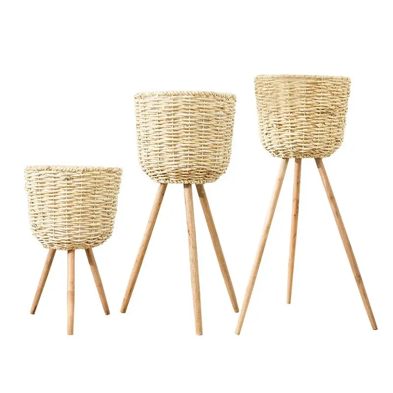 Handmade Bamboo Storage Baskets Laundry Straw Patchwork Wicker Rattan Seagrass Belly Garden Flower Pot Planter Basket Dropship