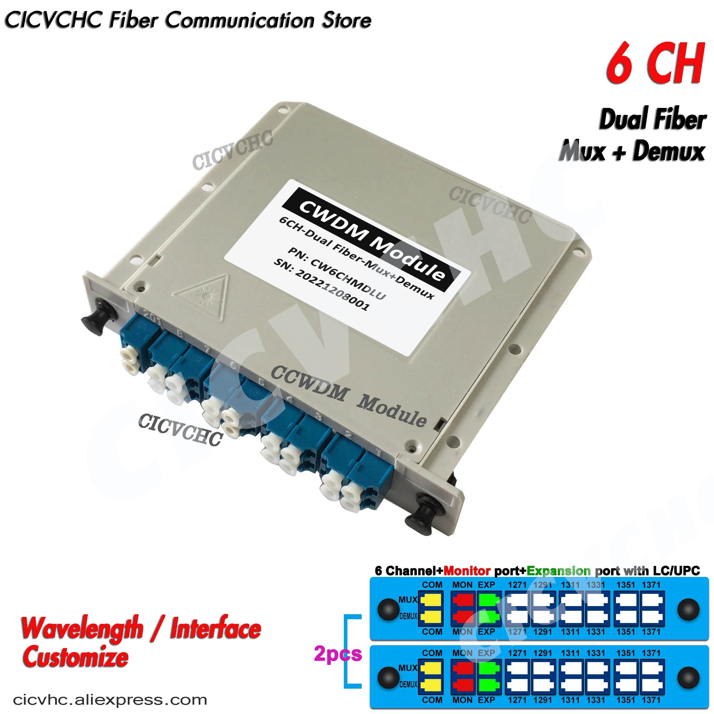 6CH CWDM Подключаемый модуль с монитором и портом расширения с LC/UPC для двойного волокна