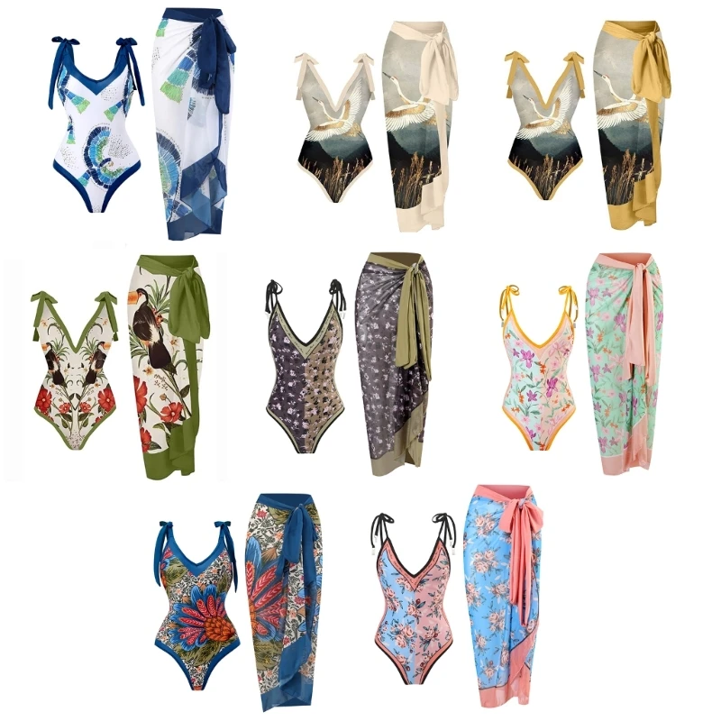 

2023 New Womens High Waisted Tankinis Set with Skirt Monokini Bikinis Split Printed Swimsuit Ruffled Tummy Control Swimming Suit