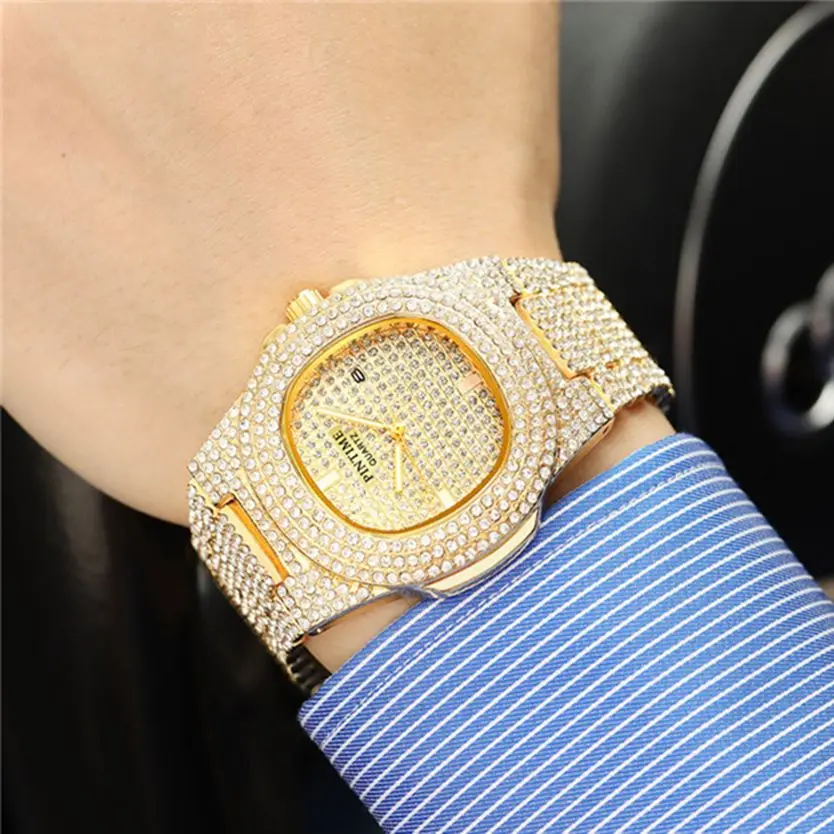 

PINTIME Mens Square Watch Diamond Date Quartz Watch Male Fashion Crystal Rhinstone Clock Stainless Steel Relogio Masculine Uhr
