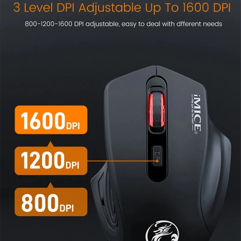 Фото Беспроводная игровая мышь IMICE 2,4G, 4 клавиши с подсветкой, эргономичная перезаряжаемая регулируемая мышь 1600 точек на дюйм для ПК, геймера, компьютера, рабочего стола №5