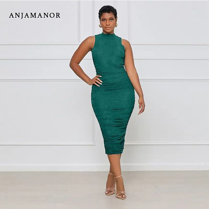 

ANJAMANOR Sleeveless Ruched Bodycon Midi Dress Elegant Sexy Party Night Club Wear Green Dress with Slit Fashion 2022 D74-CF36