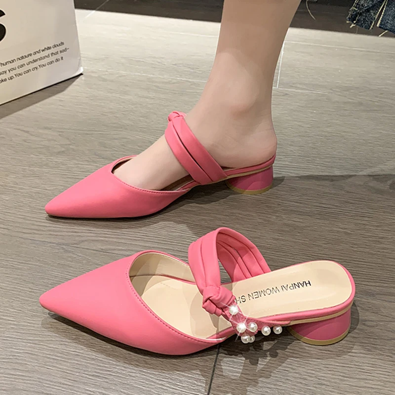 Pearl Pointed Toe Women's Mules Sexy Square Heeled Mules Slippers Women Sandals 2023 New Korean Trend Outdoor Pink Party Shoes