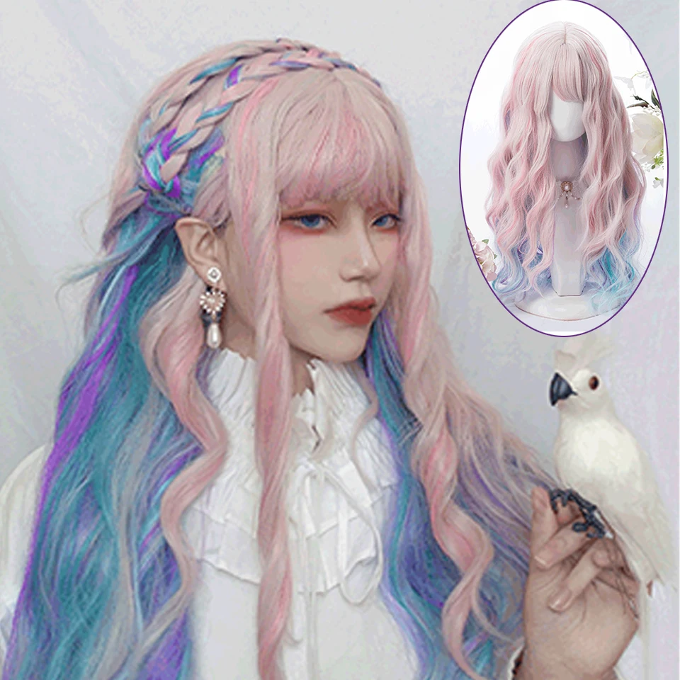 

BEAUTYCODE Synthetic Wigs For Women Pink Ombre Lolita Long Wig Wave Cosplay Wig With Bangs Heat Resistant Natural Hair