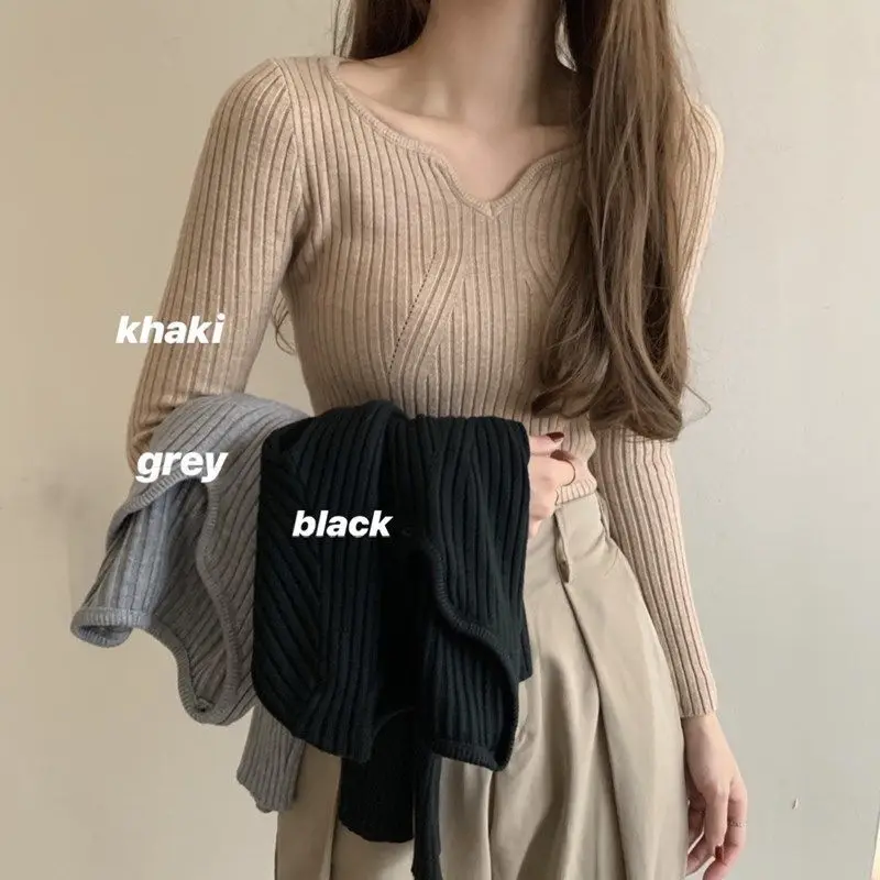 High-quality V-neck long-sleeved sweater women autumn and winter thin pullover new Korean slim bottoming shirt top