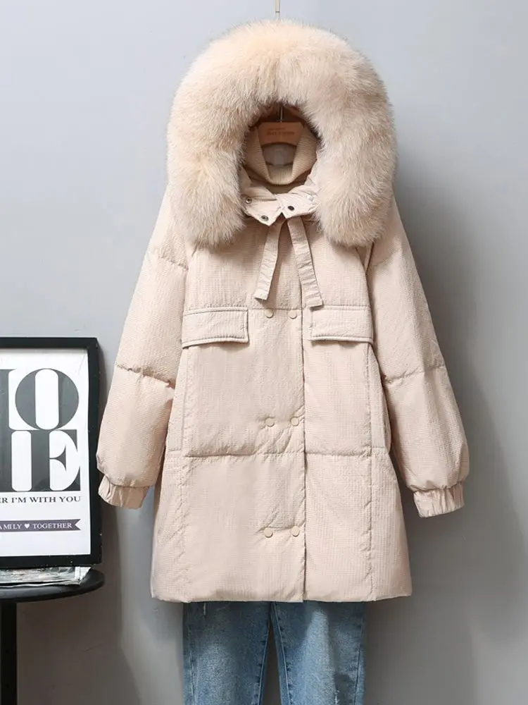Women Long Down Jacket New Casual Style Fox Fur Collar White Duck Down Jackets Autumn Winter Coats And Parkas Female Outwear