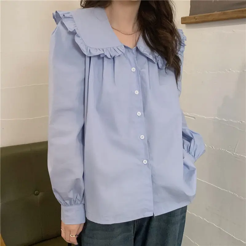 

M GIRLS Shirts Women Ruffles Korean Preppy Style Sweet Chic Spring Solid Casual Cozy Simple All-match Mujer Ropa Retro Clothing