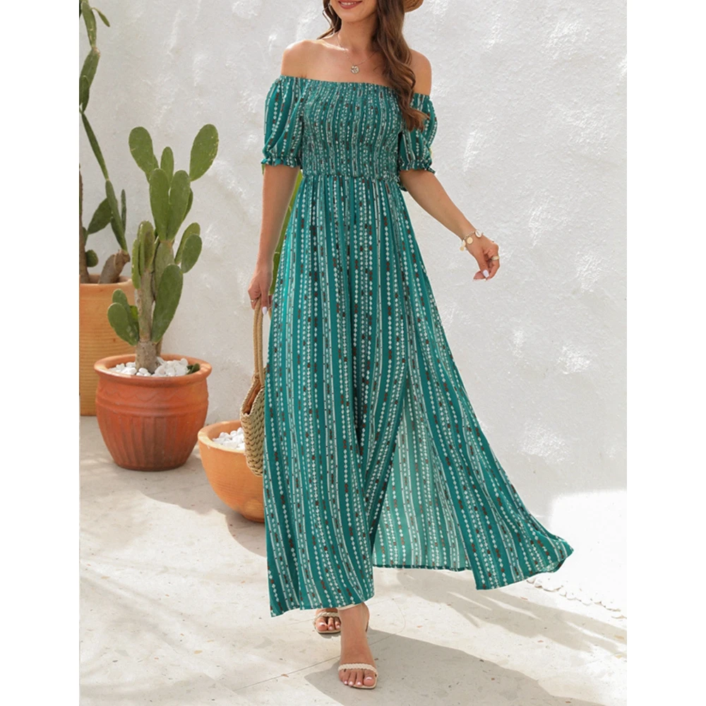

Women Summer New Casual Vacation Striped Print Puff Short Sleeve Maxi Dress Femme Hem Split Off Shoulder Slim Waist Long Dresses
