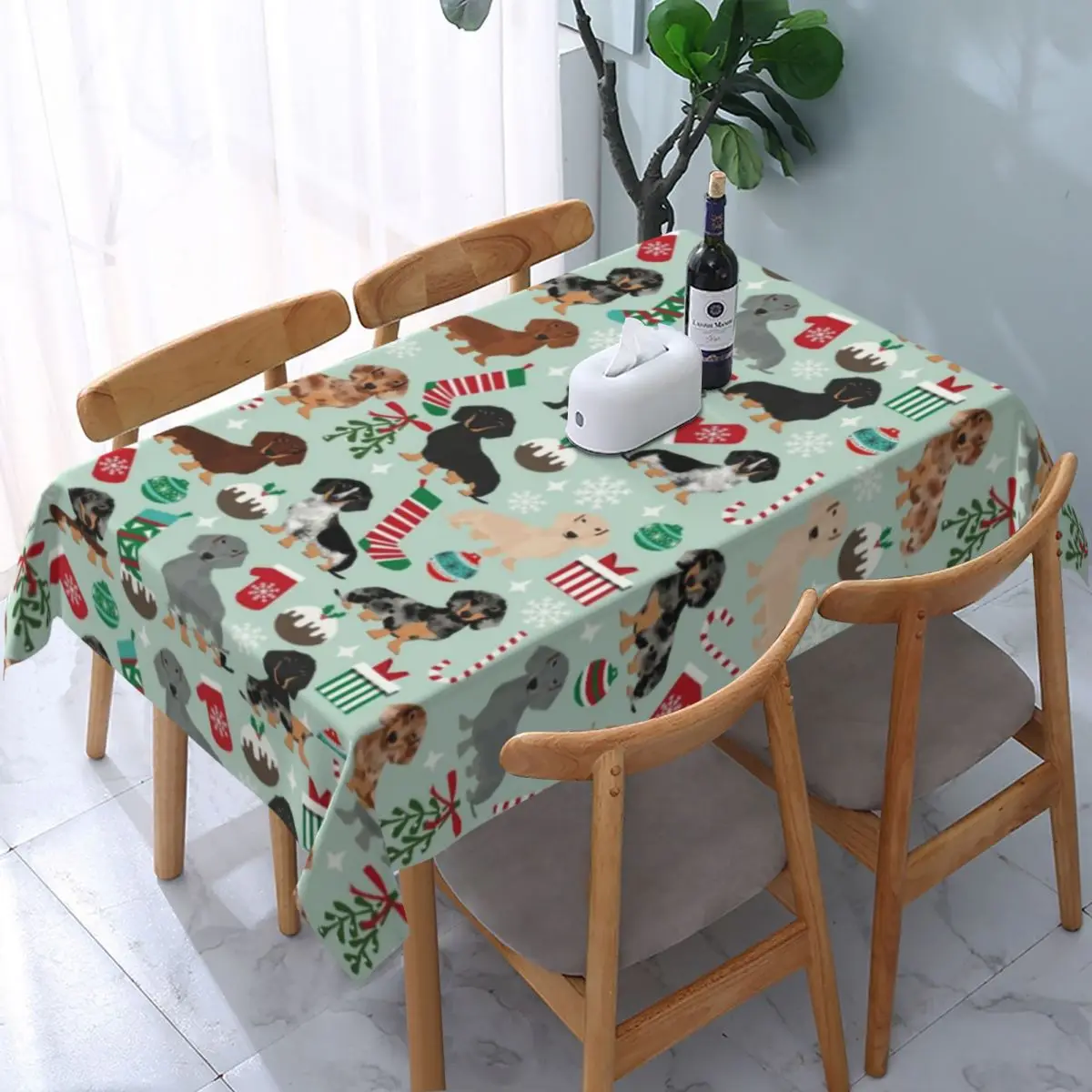 

Dachshunds Retro Christmas Tablecloth Rectangular Elastic Waterproof Sausage Wiener Badger Dogs Table Cloth Cover for Party