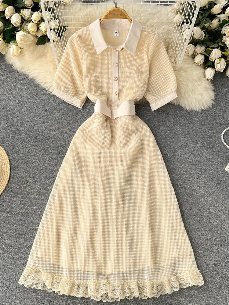 

FTLZZ New Summer Vintage Lady Notched Collar Button Solid Dress Casual Women High Waist Slim A-line Dress Lace Ruffled Dress