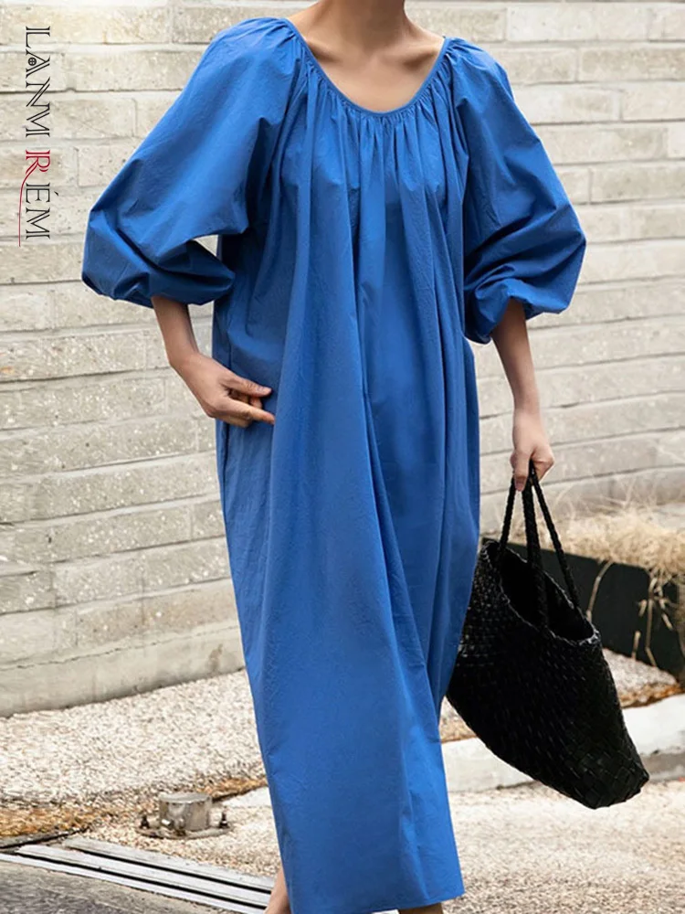 LANMREM Ретро платья с пышными рукавами и поясом для женщин круглым вырезом