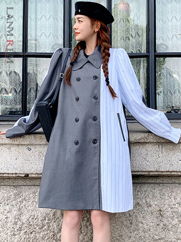 

Женский блейзер в полоску LANMREM, двубортное пальто средней длины с лацканами, осень 2023, новинка, 2AA2123