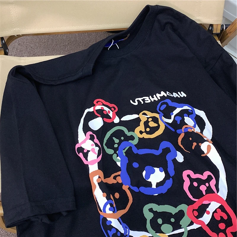 Футболка женская с коротким рукавом милая Свободная рубашка принтом медведя в