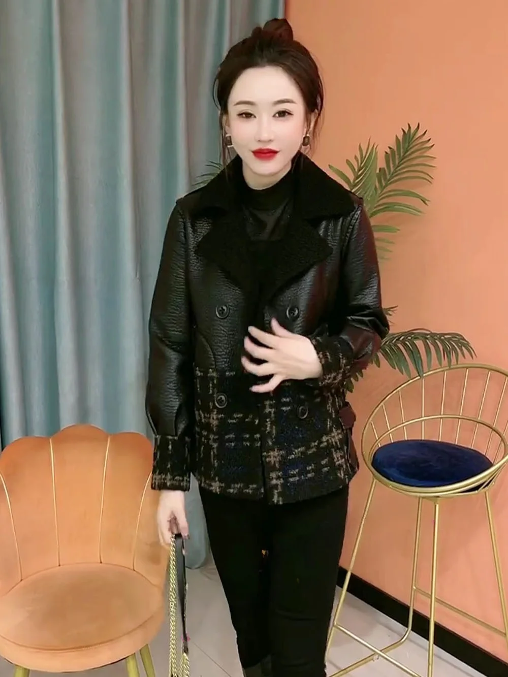 Bow Double-sided Wear Warm Leather Coat Outerwear Women Autumn and Winter New Versitile Fashion Short Patchwork Leather jacket