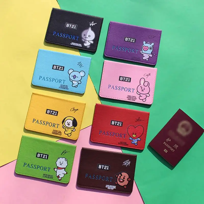 Kawaii Line Friends Bt21 Anime Hobby Tata Chimmy Cooky Leather Passport Holder Air Ticket Storage Bag Id Card Portable Case