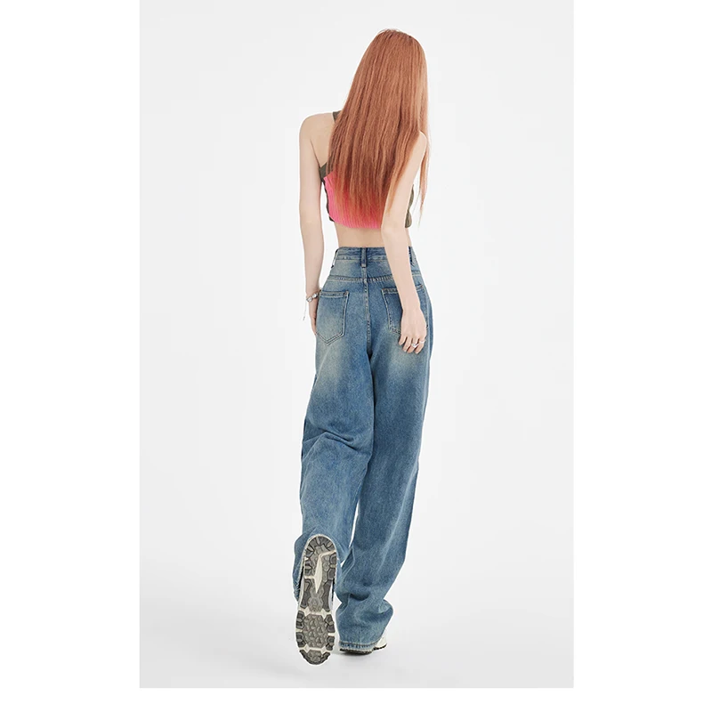 Jeans Women 2023 Summer Baby blue Pants High Street New High Waist Loose Straight Floor Pants Versatile Show Tall and Slim
