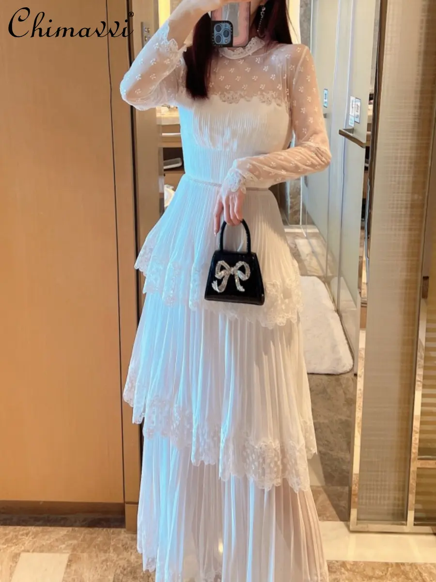 Fairy Style White Elegant Tiered-Ruffle Long Dress Lace Spring Summer New Embroidery Chiffon Long Sleeve High Waist Slim Dress