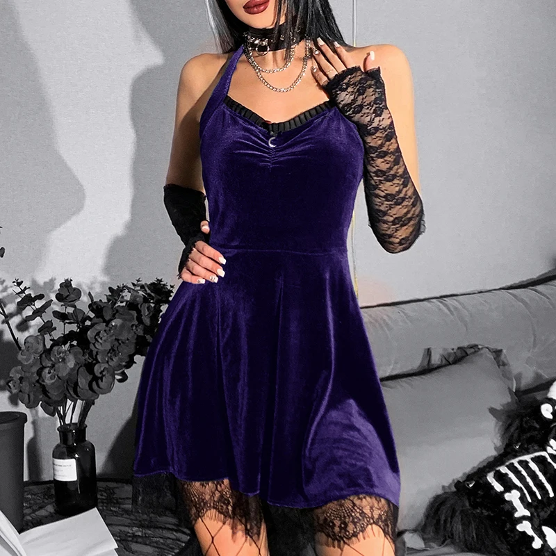 

Women's Sexy Velvet Halter Neck Dress, Sleeveless Solid Color Lace Hem Bodycon Mini A-line Dress Clubwear
